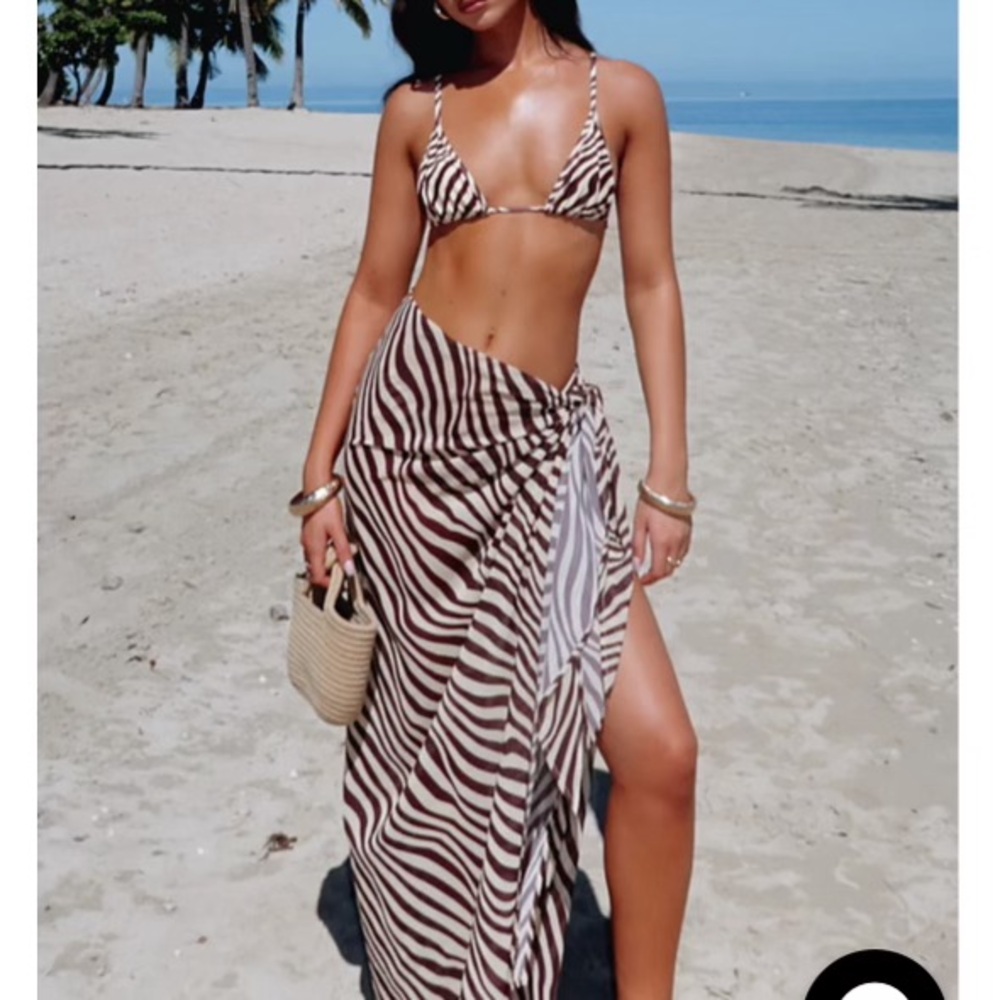 brown and white bikini top bottoms and cover up comes with all three items